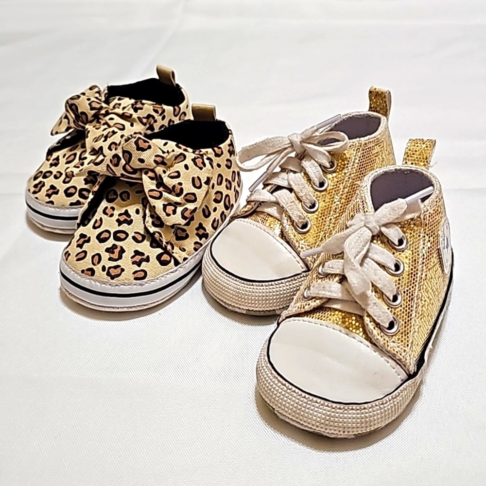 Baby Soft Sole Gold and Leopard Print Sneakers Shoe Bundle